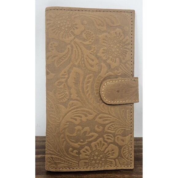 Source Unknown Handbags - Tooled Embossed Soft Leather Wallet Credit Card BiFold Checkbook Tan RFID Floral